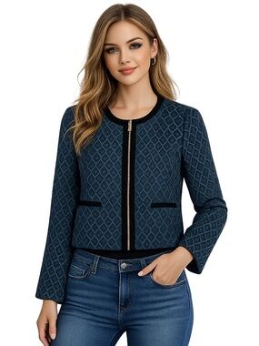 Tommy Hilfiger Cropped Blazer Teal Geometric Zip Jacket Size 10